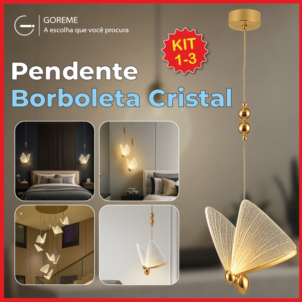 Pendente Luminária Dourada Borboleta Led 3 Cores de Luz Lâmpada de teto Bivolt