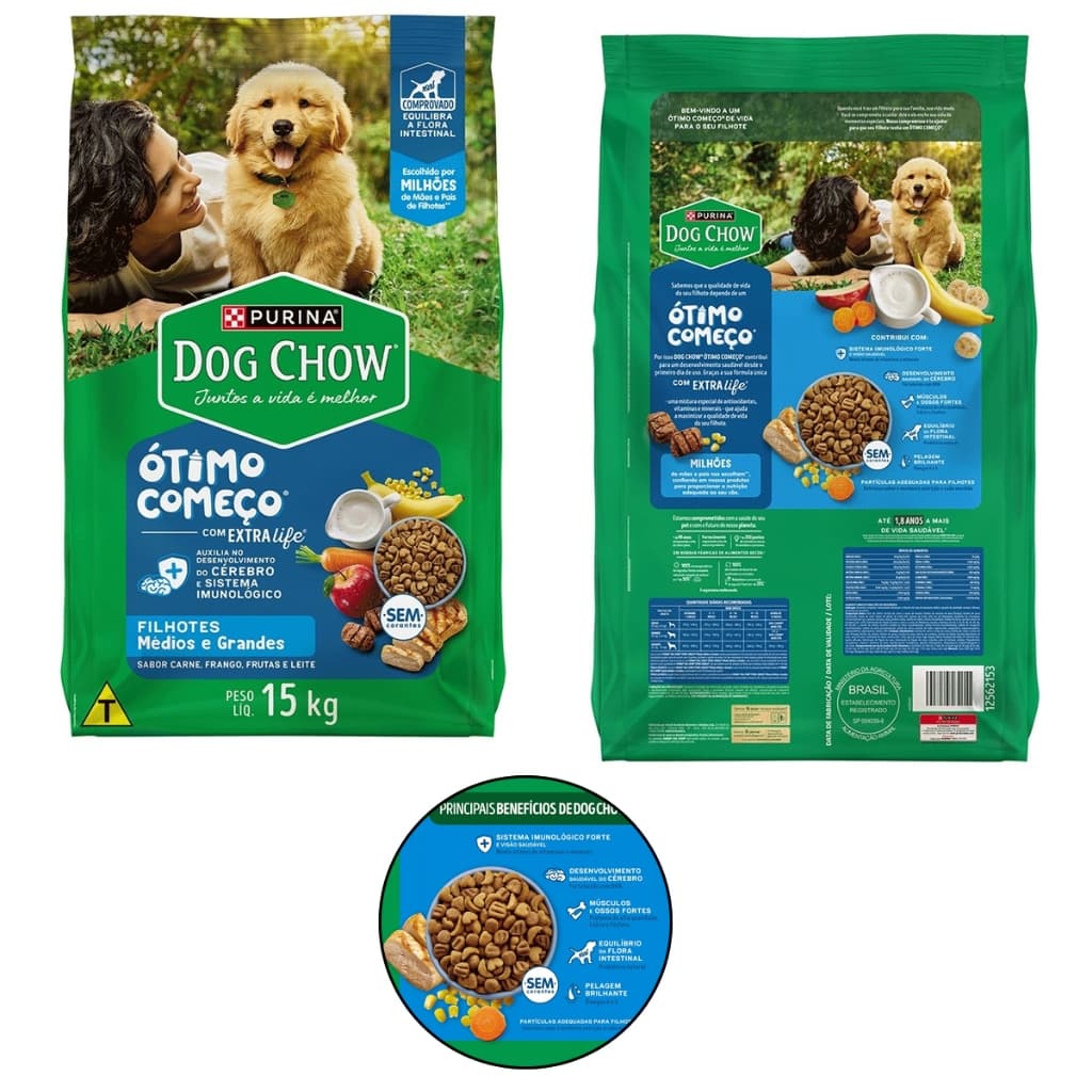 Ração Para Cachorros Filhotes Médio e Grande Porte Carne, Frango e Arroz 15 kg  Dog Chow