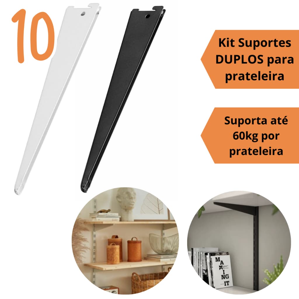 Kit 10 Suportes Prateleira Duplos para Trilho Cremalheira Parede Resistente Aço 60kg 27cm 37cm