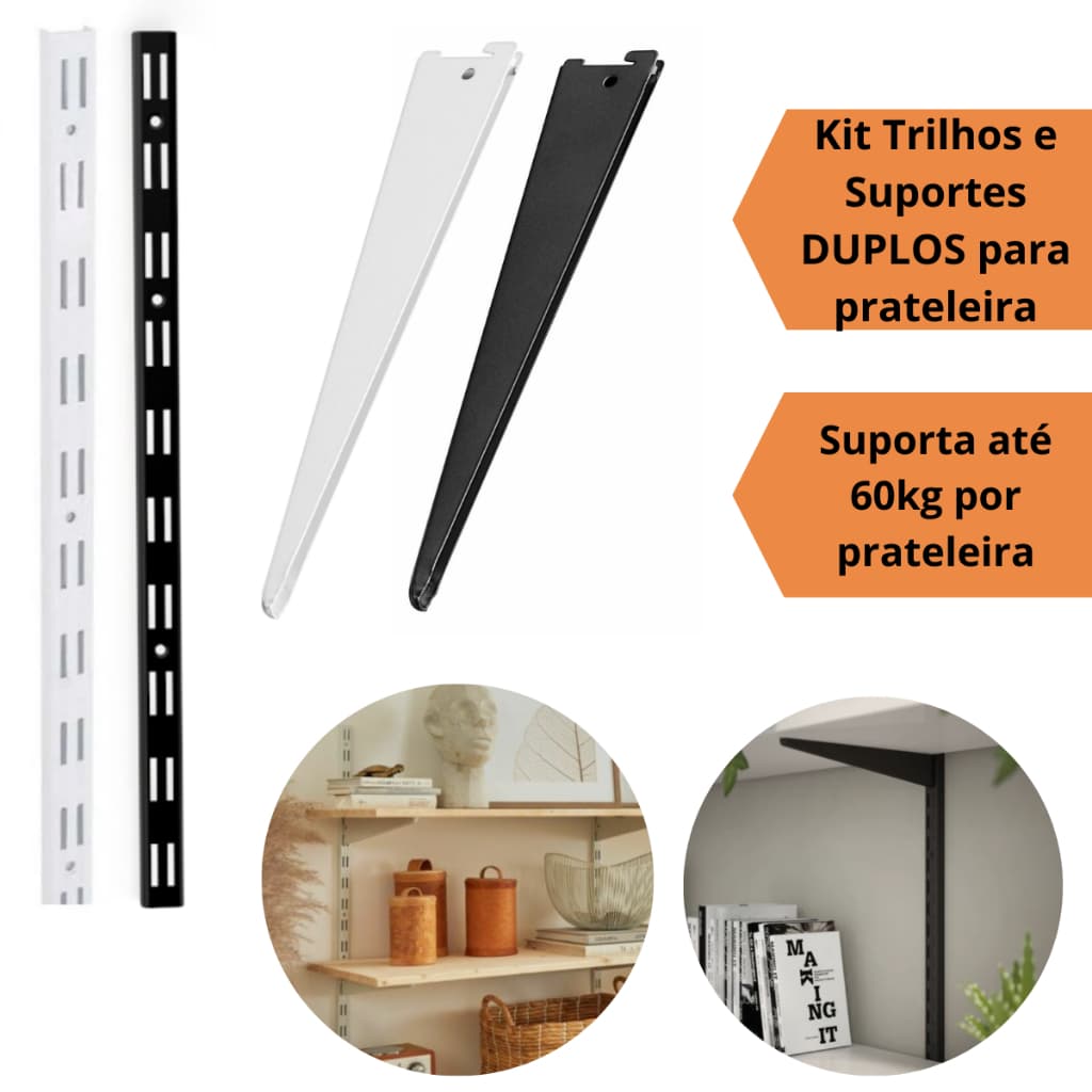 Kit Prateleira Parede 2 Trilhos Cremalheira 100cm 6 Suportes 20cm 25cm 30cm 40cm Estante Ajustável