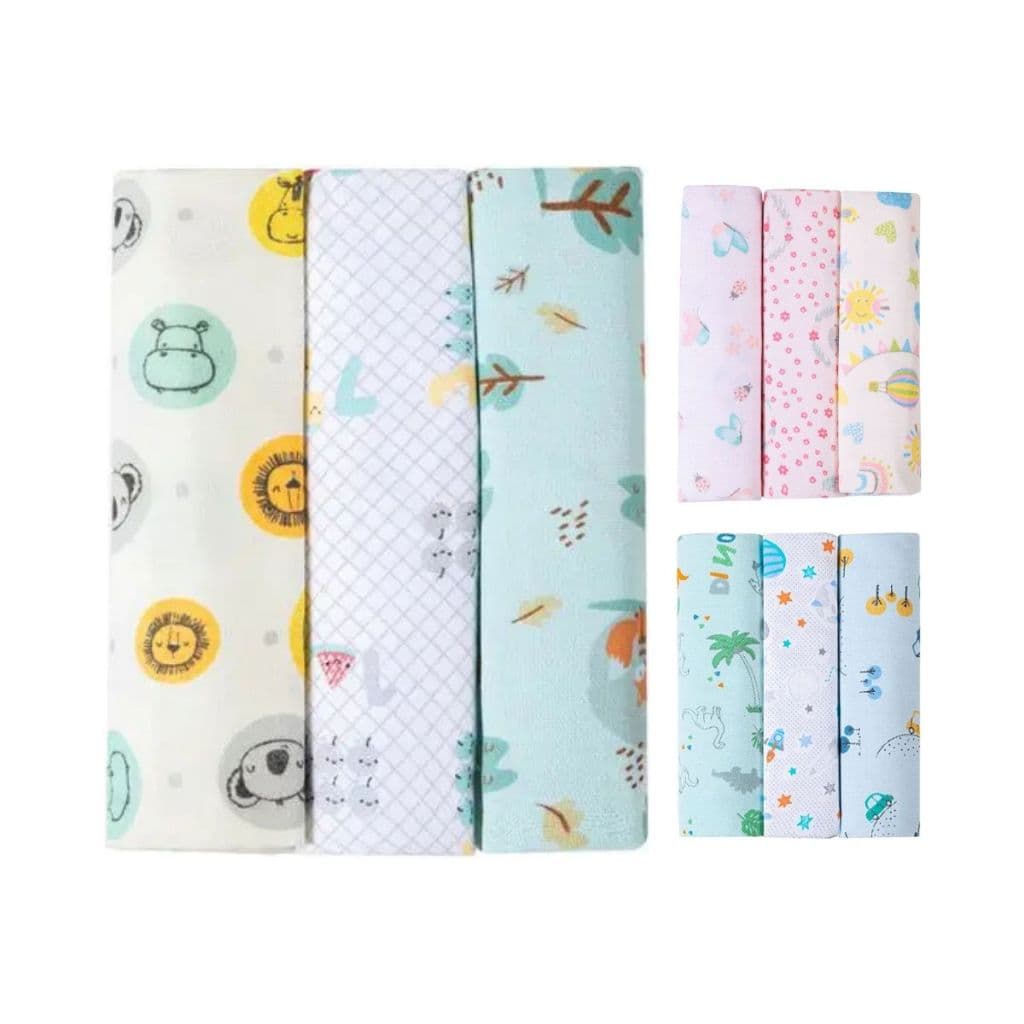 Kit 3 Cueiros Flanelados Bebê 80x80cm 100% Algodão Estampado Menina Menino Enxoval Recém-Nascido
