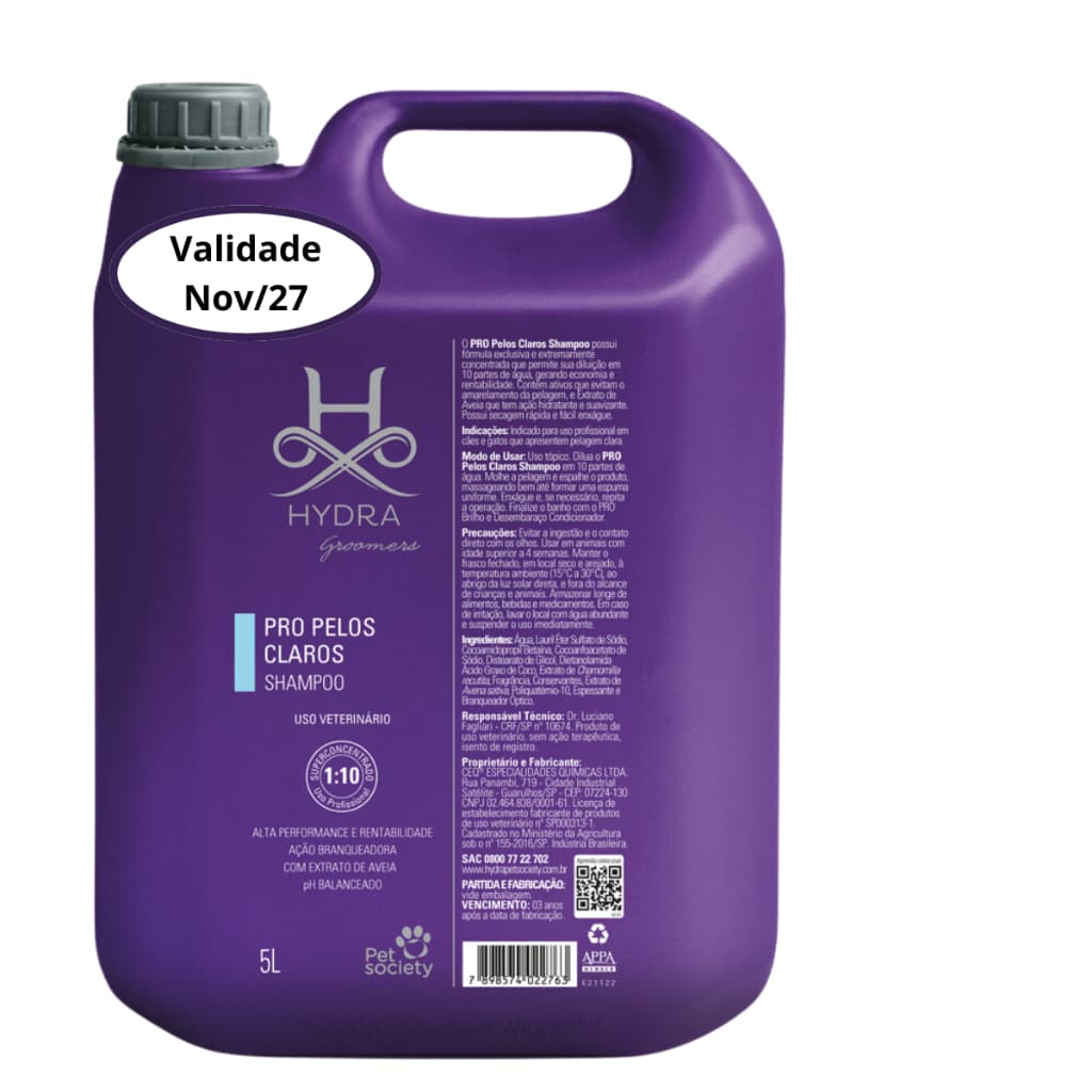 Shampoo Hydra Groomers Pro Pelos Claros Pet Society 5 Litros para Cães e Gatos