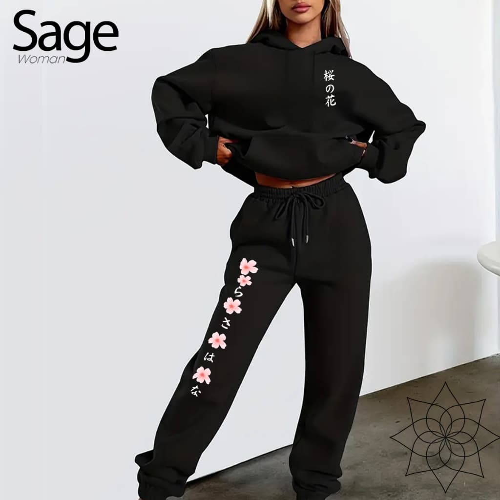 Conjunto Inverno Feminino Blusa Moletom Tradicional E Calça Moletom Aveludada Minimalista Delicado Estampa Oriental