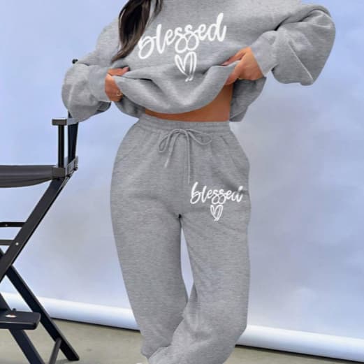 Conjunto Moletom Feminino Flanelado Blessed Abençoada Moletom Gola Redonda Moda Casual