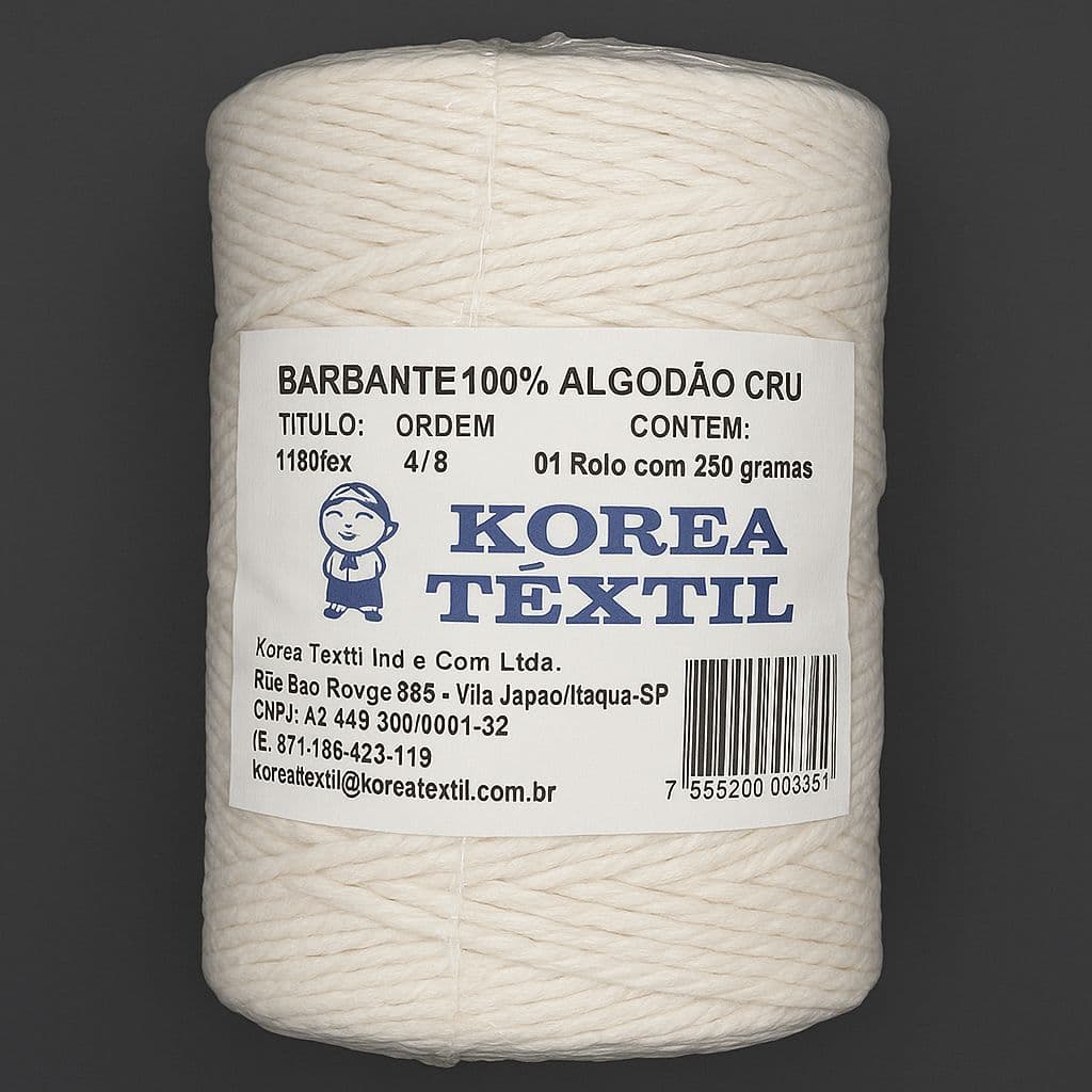Barbante 100% Algodão Cru Korea Têxtil - Rolo 250G, Ideal para Artesanato e Crochê!