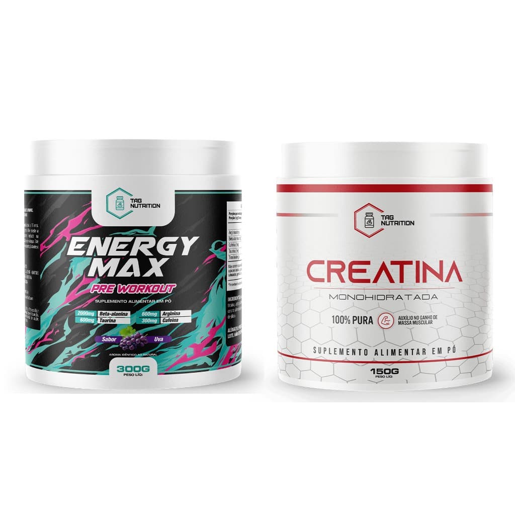 Kit Pre Treino Pre Workout Energy Max 60 Doses - 300G + Creatina Pura - TAG Nutrition
