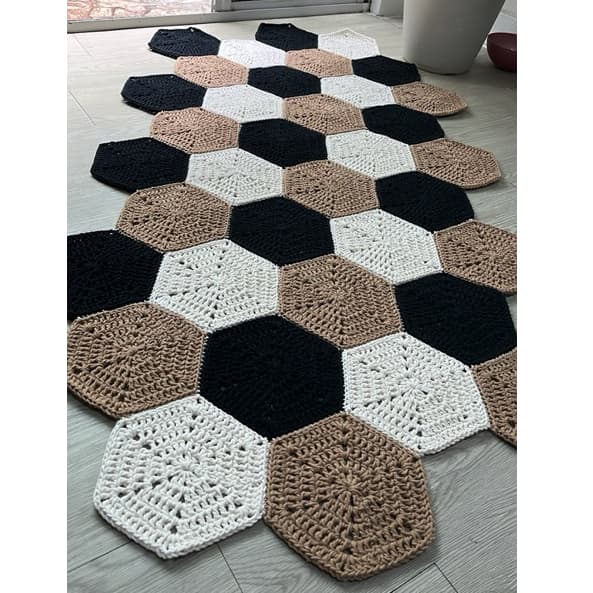 Tapete grande hexagonal/sextavado de crochê, para quarto/ cozinha/ corredor, feito à mão com barbante n8, 85% algodão 🧶