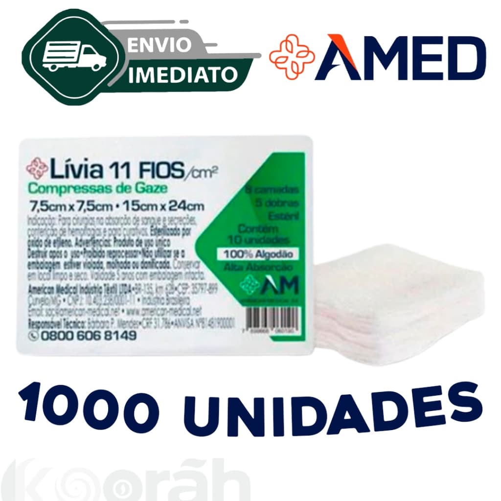 Kit C/1000 Compressa de Gaze Esteril Lívia Hidrófila Gaze Esteril 11 Fios - 7,5x7,5cm Envio Imediato