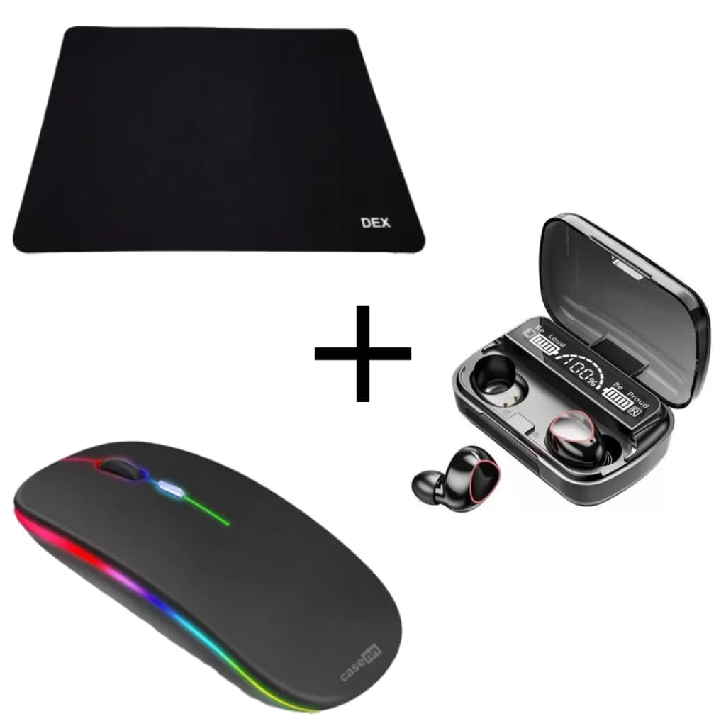 Kit Mouse Sem Fio Recarregável Rgb Ergonômico Mouse Pad Dex e Fone Ouvido Bluetooth TWS M10 Preto