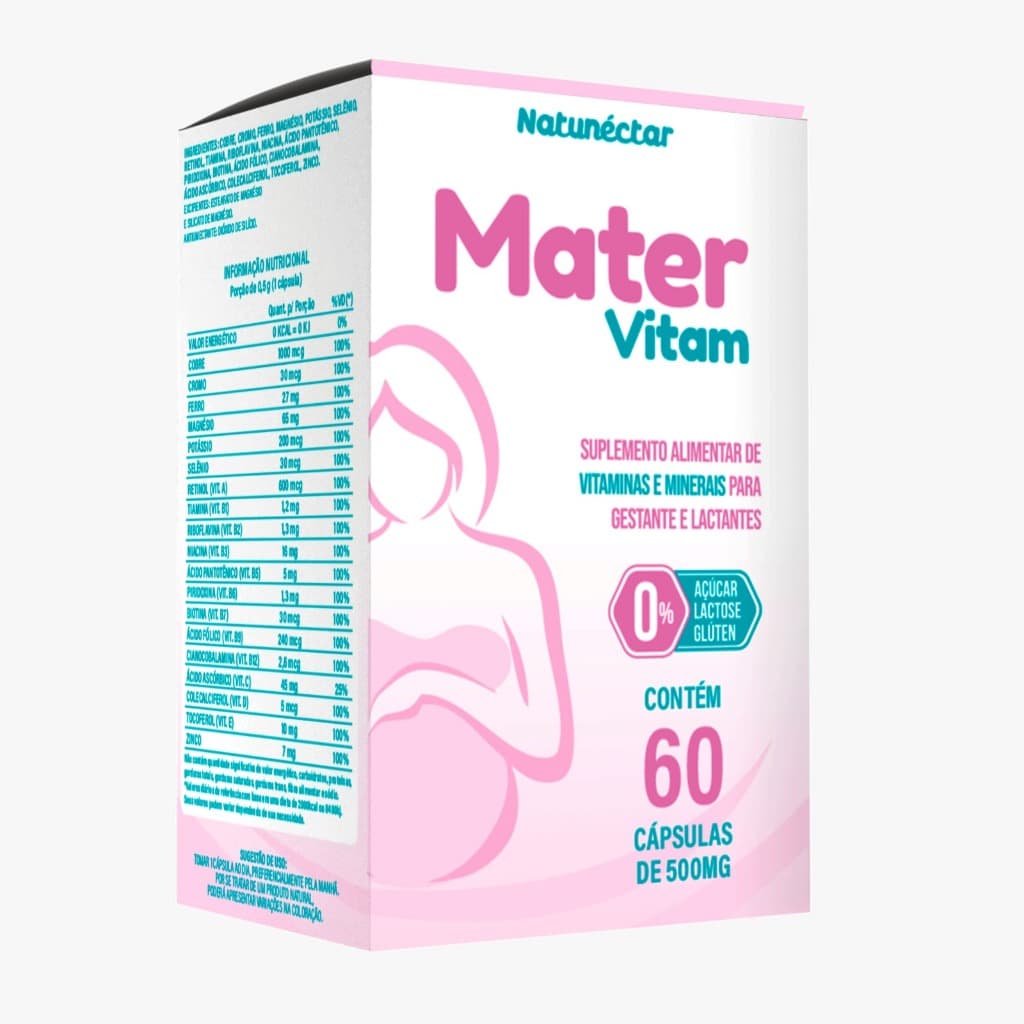 Suplemento Vitaminas e Minerais Gestante Lactantes Mater Vitam 60 Cápsulas 500mg Premium