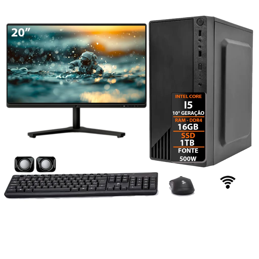 Computador Core I5 10°ger Ddr4 16gb 500w Ssd 1tb Monitor 20
