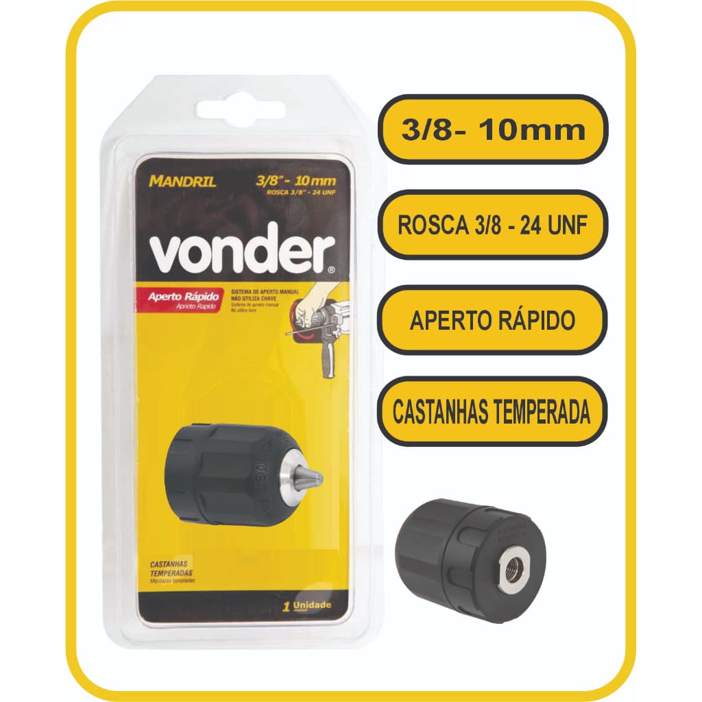 Mandril de aperto rápido Metálico 3/8" 10mm para furadeira/parafusadeira Universal Marca Vonder