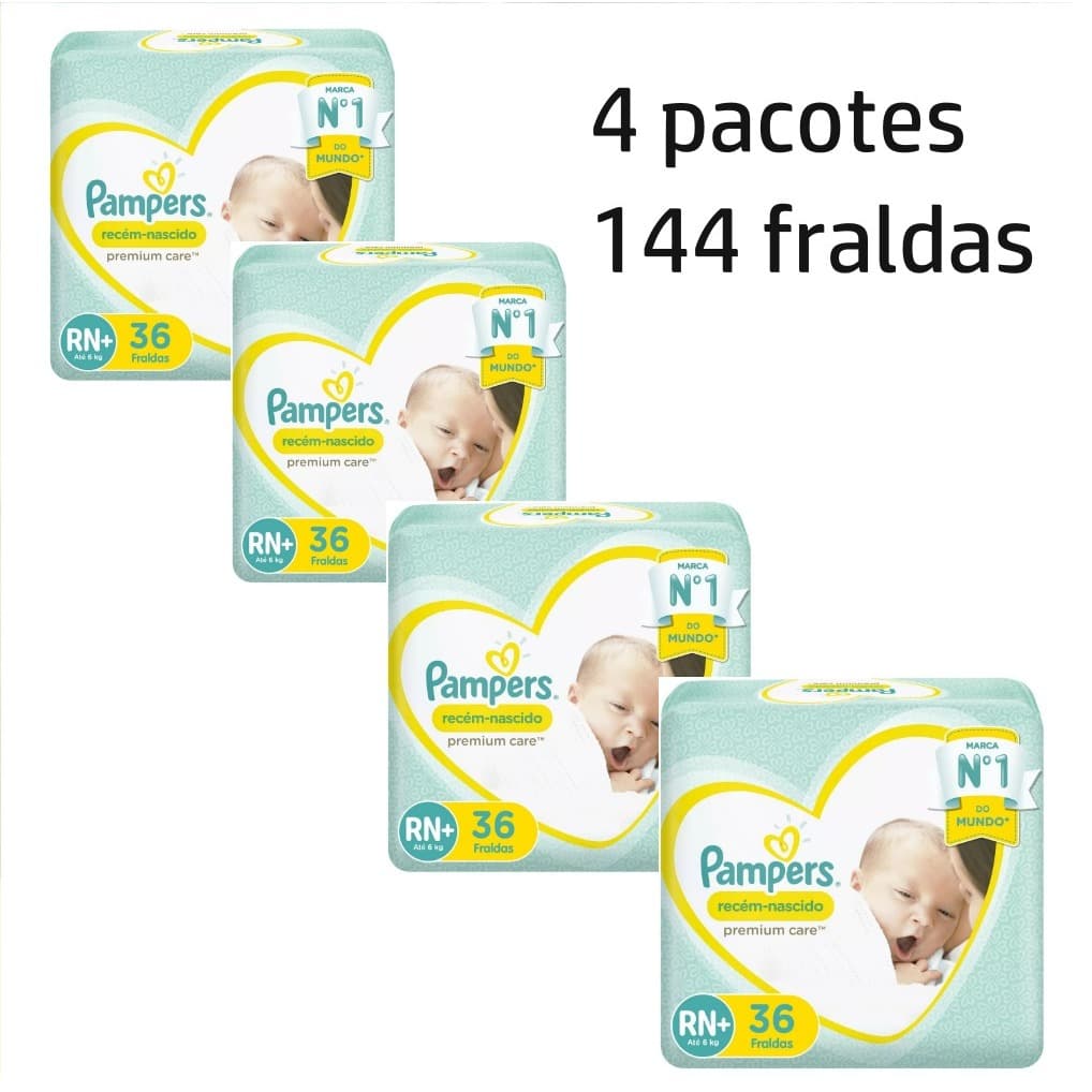 Fralda pampers premium care RN+ até 6 KG, com 144 fraldas(4x36)