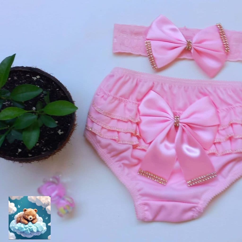 Kit duas peças calcinha bunda rica tapa fraldas bebe menina frufru com faixinha de renda