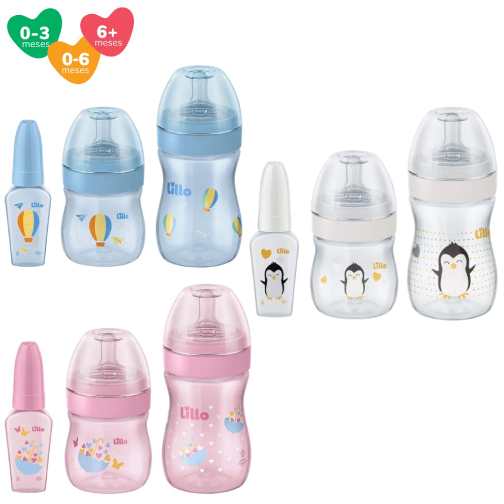Kit 3 Mamadeiras Lillo Evolution Primeiros Passos com Chuquinha 50/150/240 ml Bico Redondo