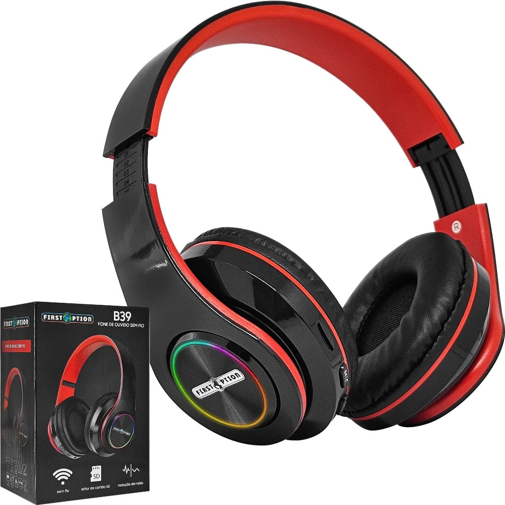Fone de Ouvido Bluetooth sem Fio Leitor Cartão SD Rádio FM Carrega via USB Over Ear First Option B39