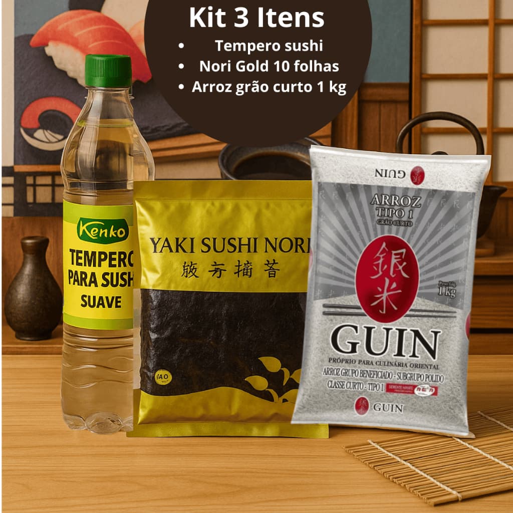 Kit Arroz Grão Curto Sushi + Alga Nori 10 Folhas + tempero Sushi 750 ml