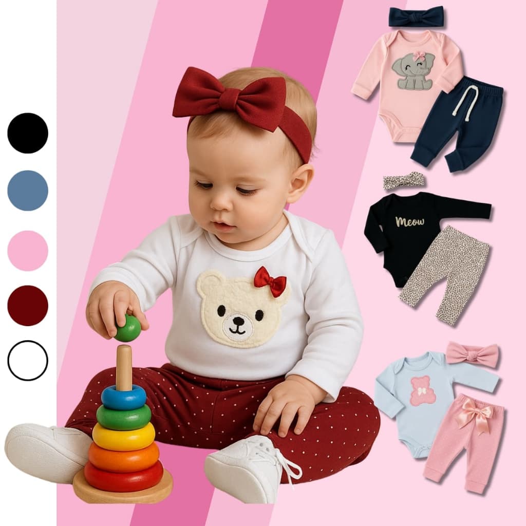 Conjunto Roupa Bebê Menina Body Manga Longa com Calça e Faixa Blogueirinha Diva Gatinho Oncinha Laço c19883