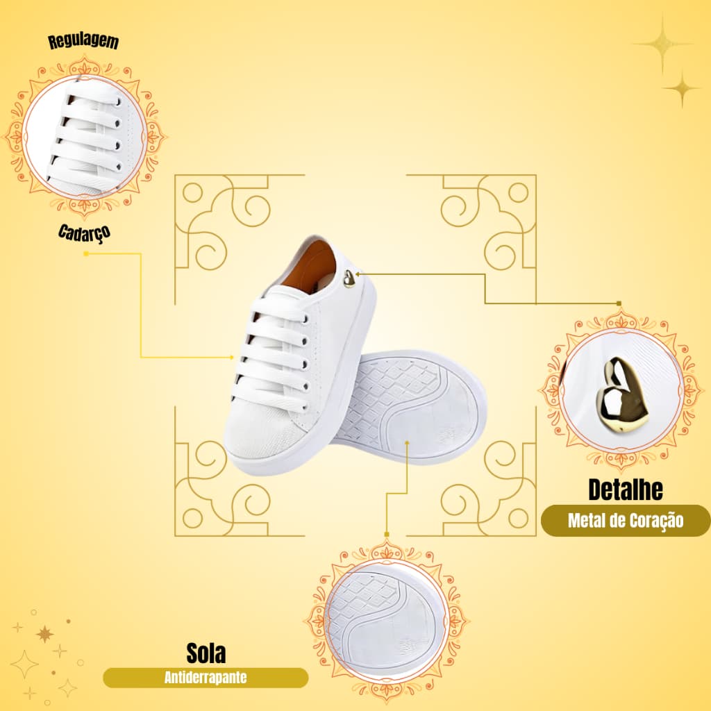 Tênis Infantil Menina com Cadarço e Coração Dourado – Confortável e Estiloso