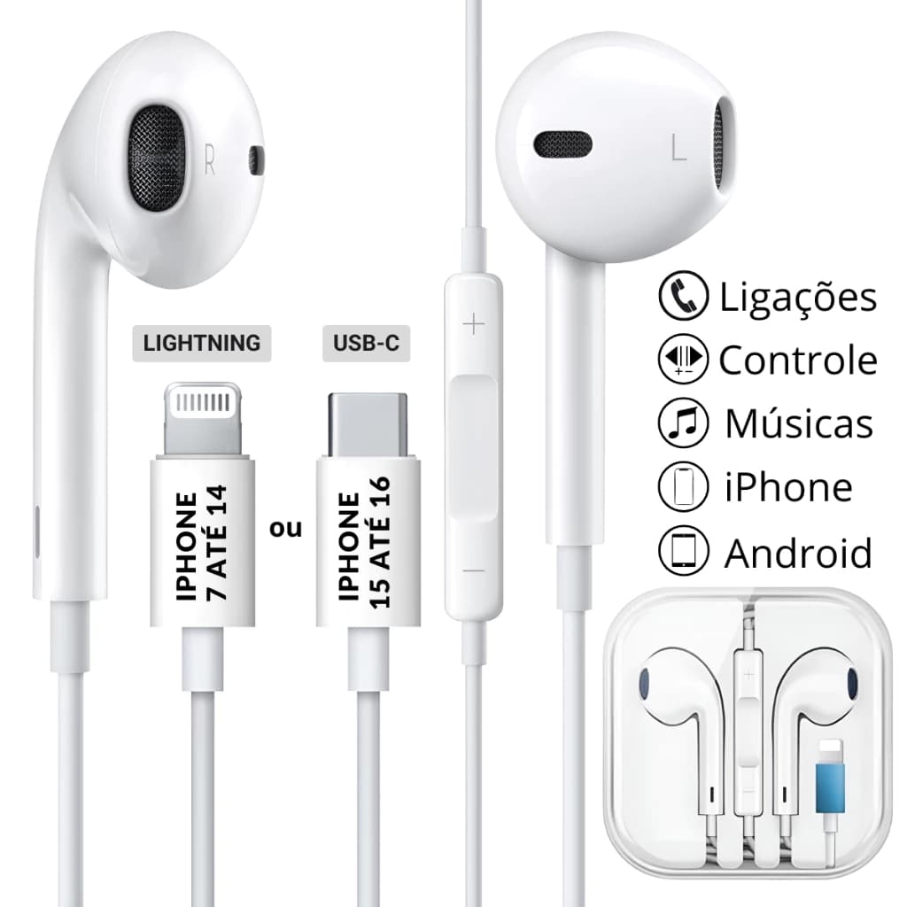 Fone De Ouvido Lightning e Tipo C Bluetooth Para Celular Iphone  11 12 13 14 15 16