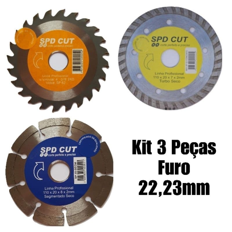 Kit 3 Peças Turbo, Segmentado + Serra FURO 22,23mm para esmerilhadeira