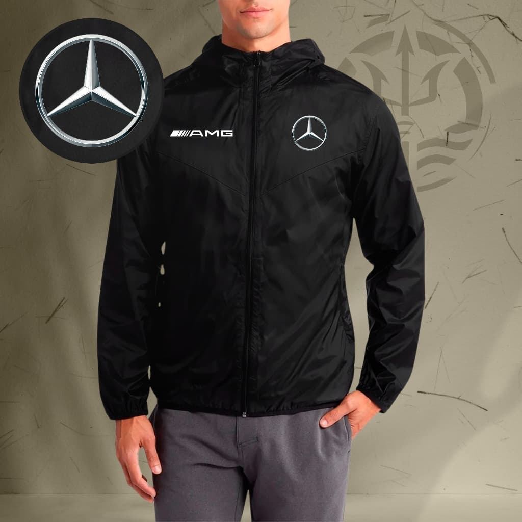 Jaqueta Corta Vento Masculina - MERCEDES - Com Capuz, Bolso e Zíper - Academia Corrida Esportes