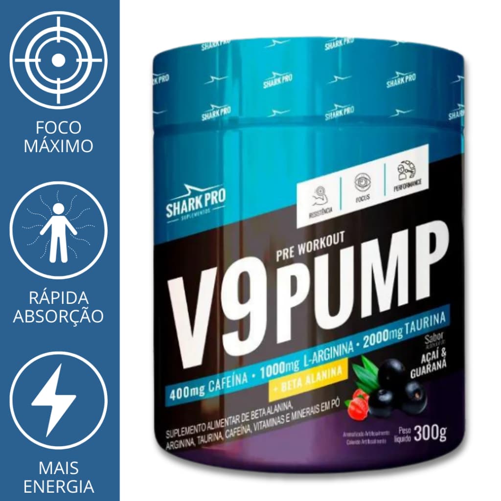 PRE TREINO V9 PUMP 300G SHARK PRO ORIGINAL PRÉ TREINO EM PÓ ALTA PERFORMANCE TREINO INTENSO