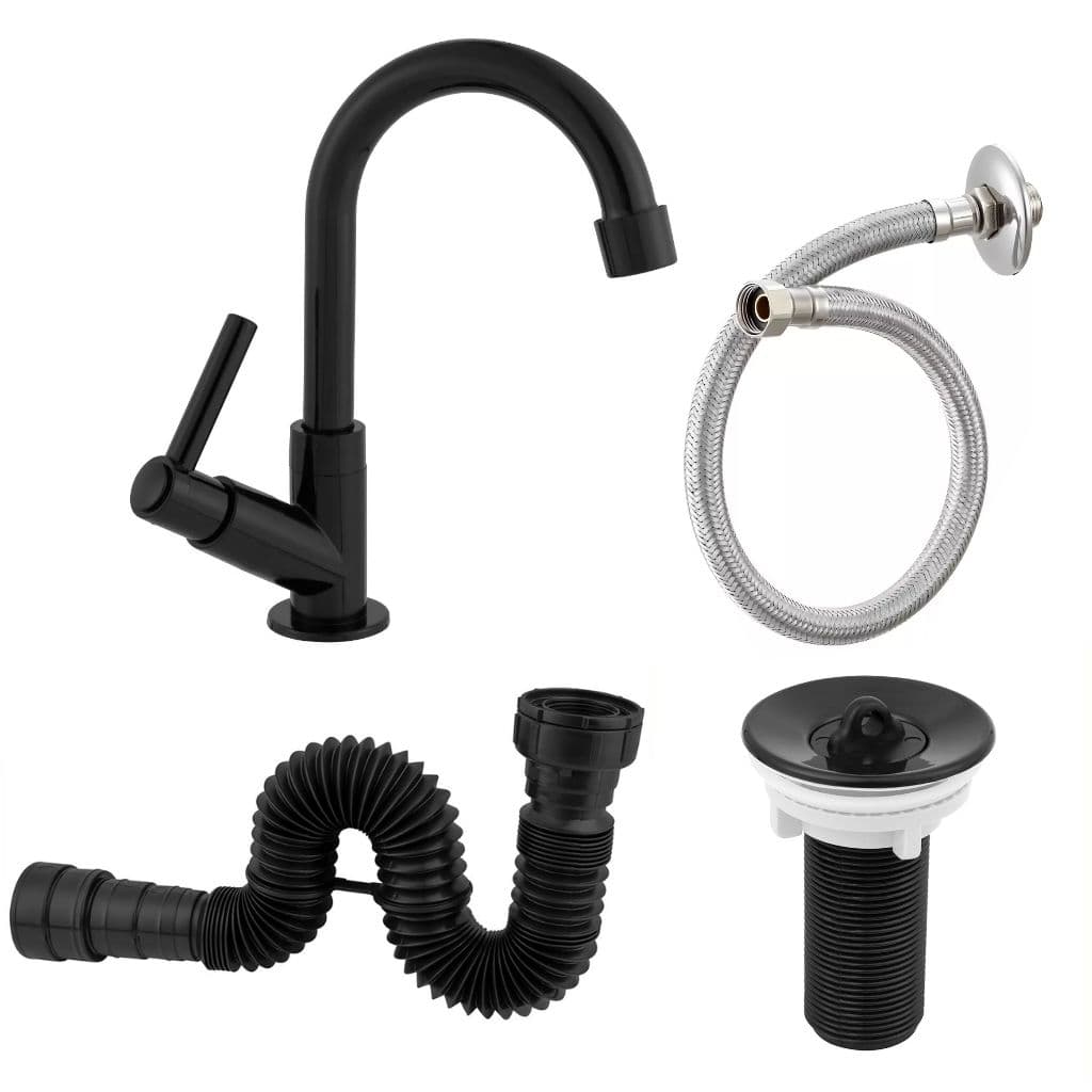 Kit Completo para Cuba de Banheiro Torneira Preta ABS, Válvula 7/8", Sifão e Engate Flexível 40cm