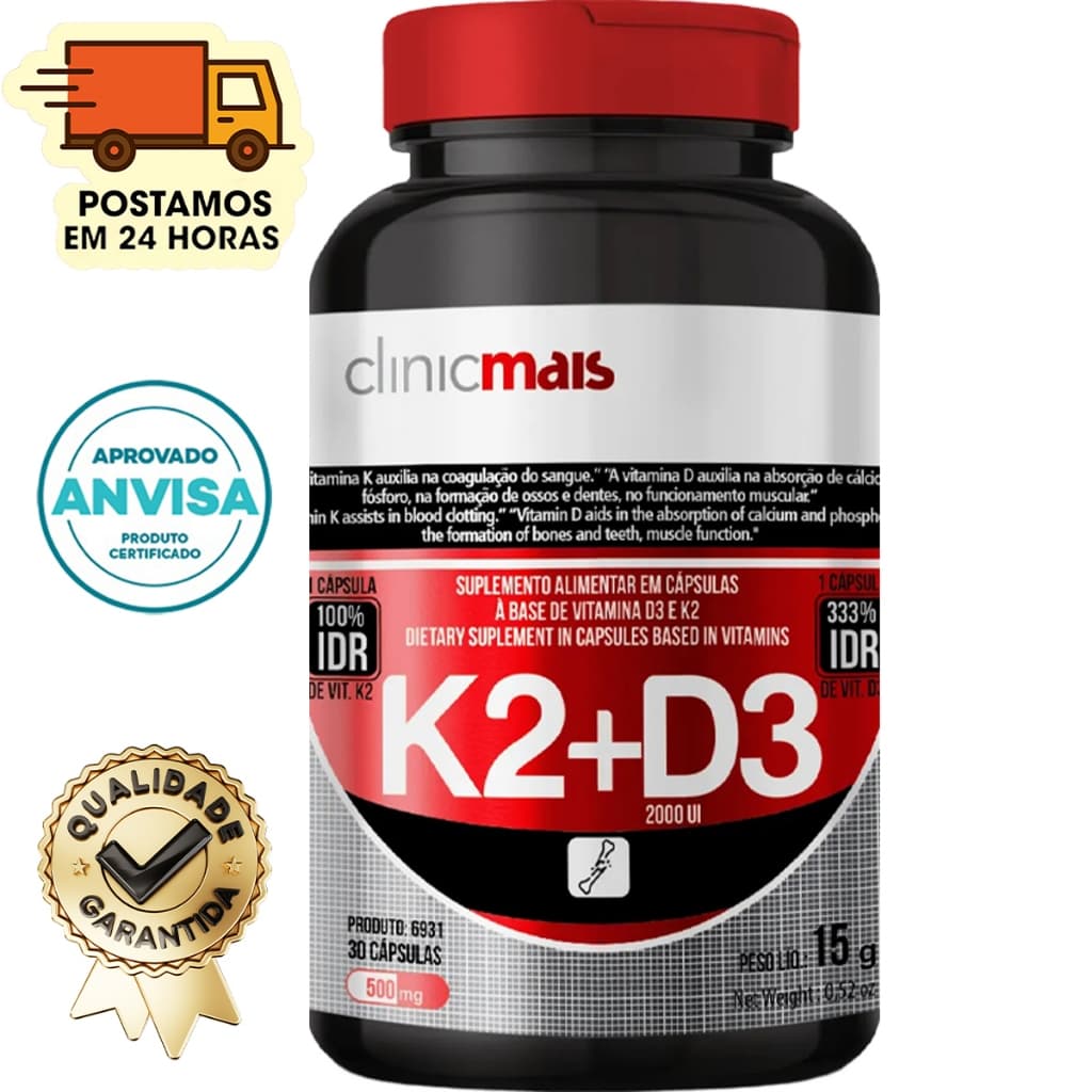 Vitamina K2 + Vitamina D3 - 30 Cápsulas 500mg - Clinicmais