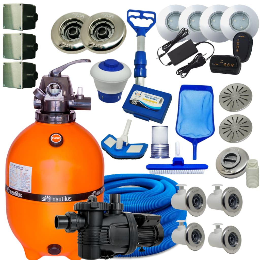 Filtro F450P Nautilus Motobomba Aquaflow 1/2cv Kit Limpeza Completo DIspositivos Hidromassagem Piscina Alvenaria 52 Mil