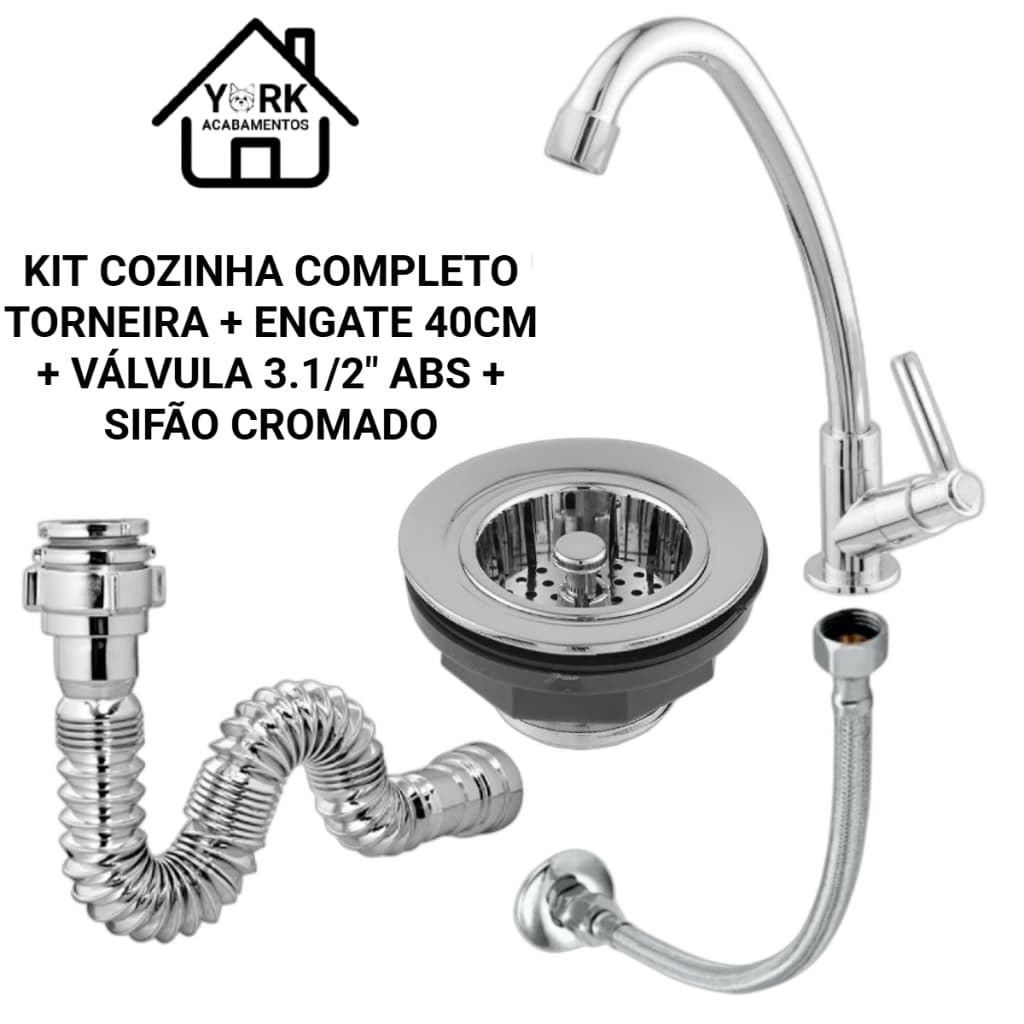 Kit P/ Pia Cozinha Cromado Completo 1 Torneira Balcão 1 Valvula ABS 3.1/2 1 Sifão 1 Engate Inox 60cm