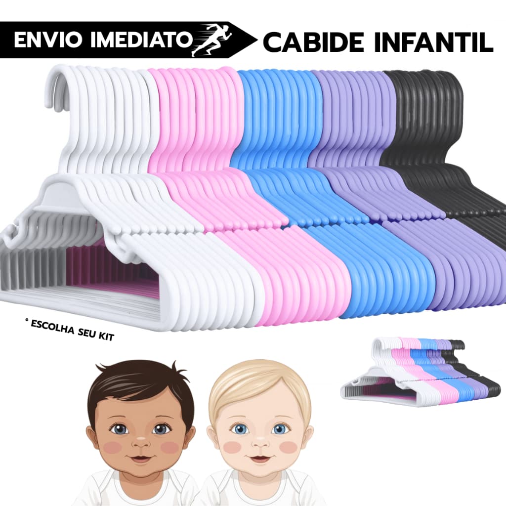 Kit até 50 Cabides Infantil para Bebê – Ideal para Enxoval - Escolha Cor e Quantidade
