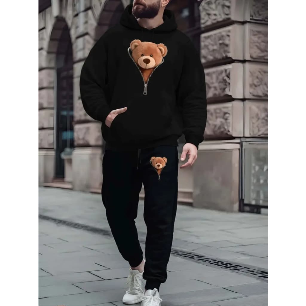 CONJUNTO MOLETOM MASCULINO BLUSA DE FRIO CANGURU E CALÇA MOLETOM ESTAMPA URSO MEIO ZIPER