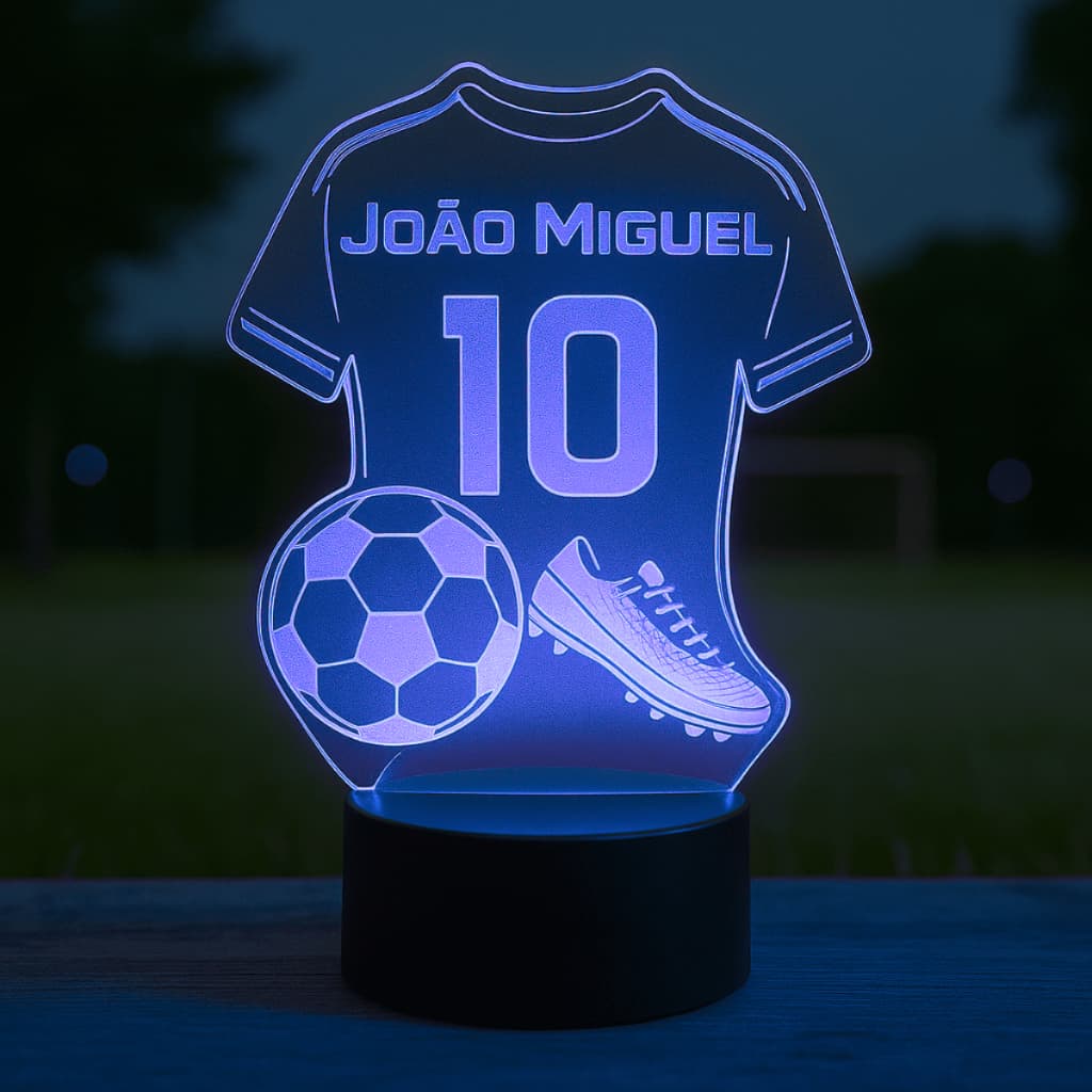 Luminária Led RGB 8 Cores decoração de quarto menino camisa de futebol chuteira Nome personalizado