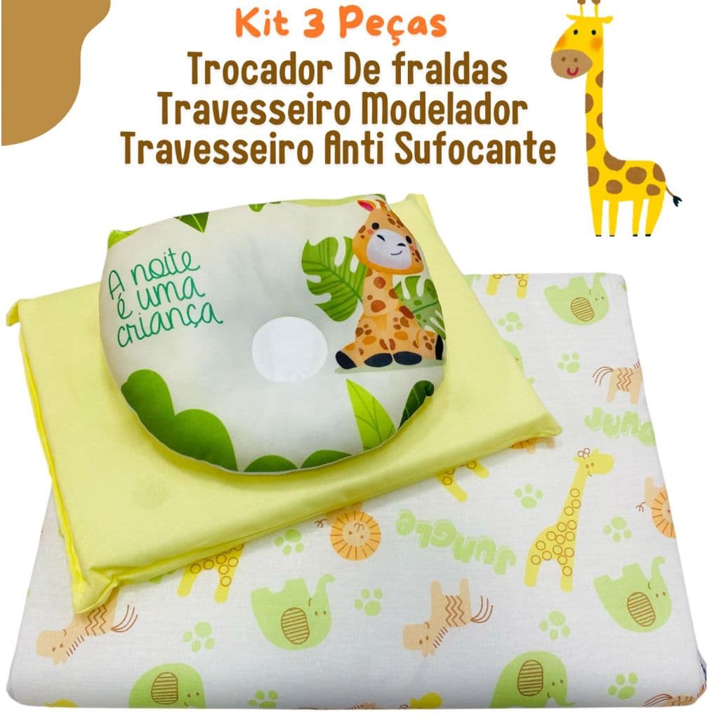 Kit 3 Peças Trocador De Fraldas Travesseiro Modelador E Anti Sufocante 100% Algodão Recém Nascido