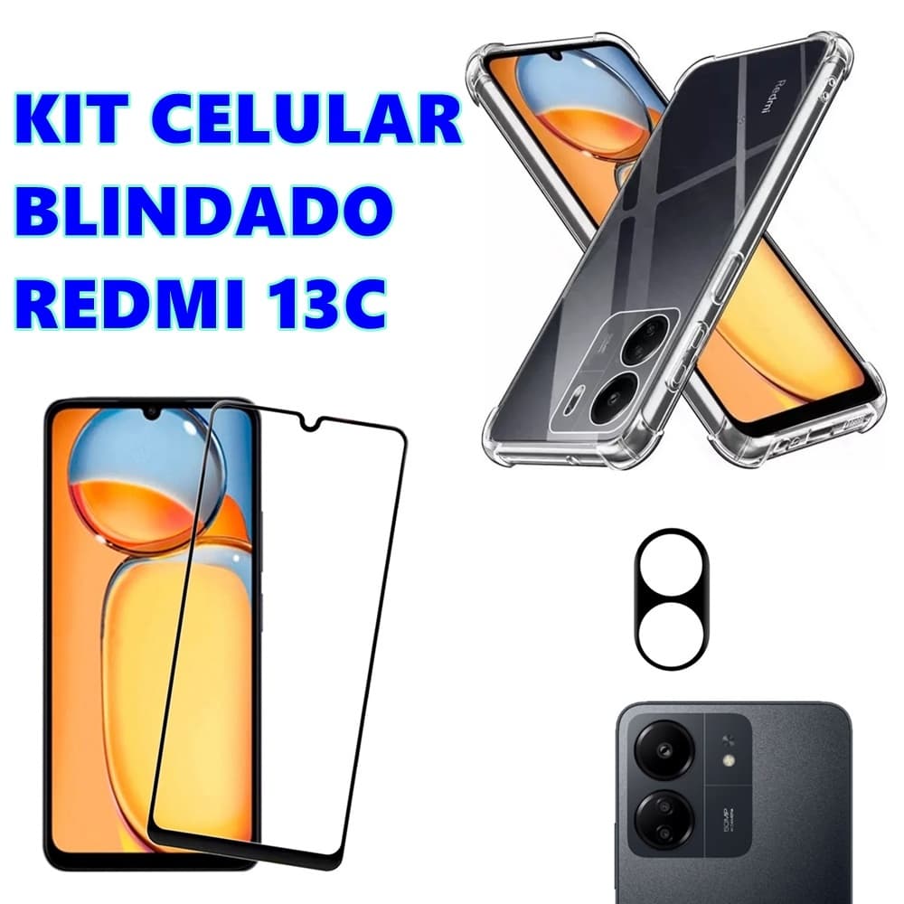 Kit Celular Blindado Redmi 13C Capa Anti Impacto + Película De Vidro 3D + Câmera Celular Xiaomi