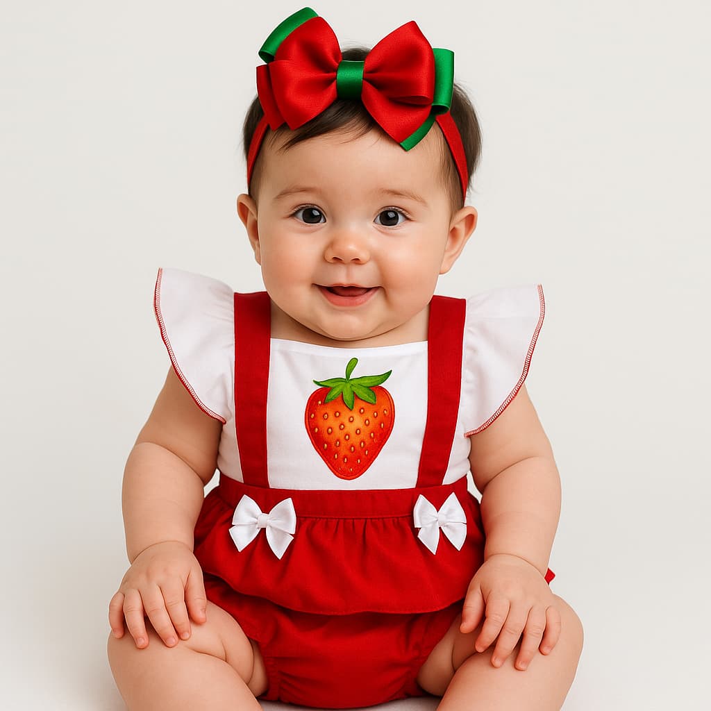 Romper Body Bebê Menina Morango + laço