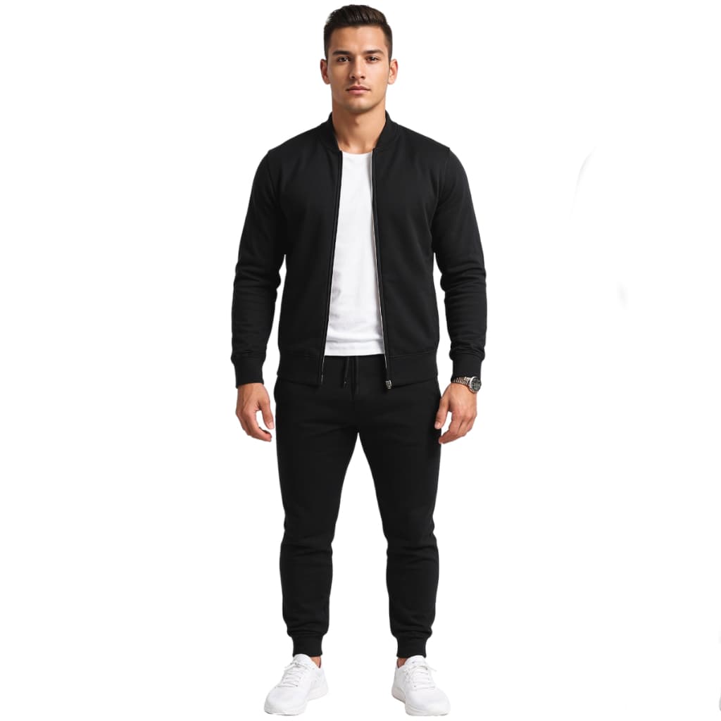 Conjunto de Moletom Masculino Preto e Branco com Ziper Blusa Calça
