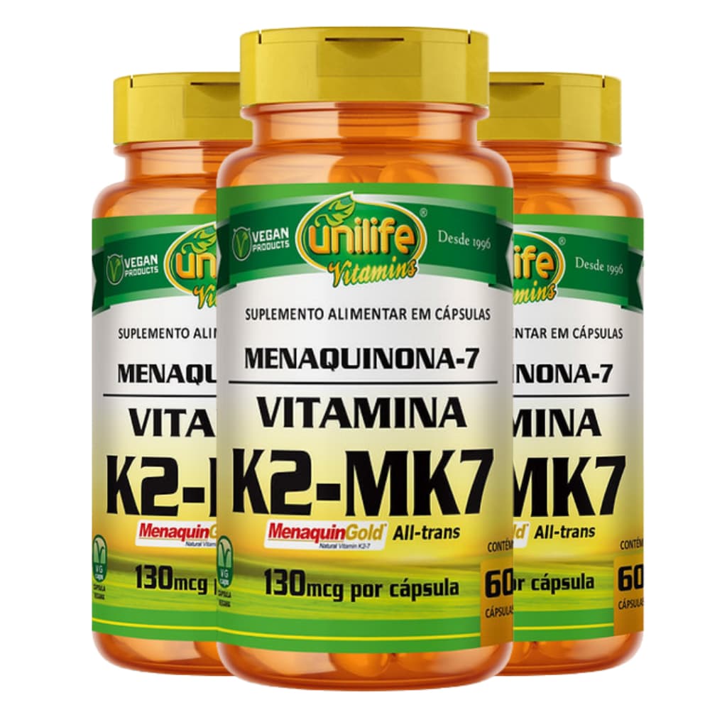 KIT C/3 Suplemento Alimentar Vitamina K2 Mk7 Menaquinona 60 Cápsulas Vegano - Unilife