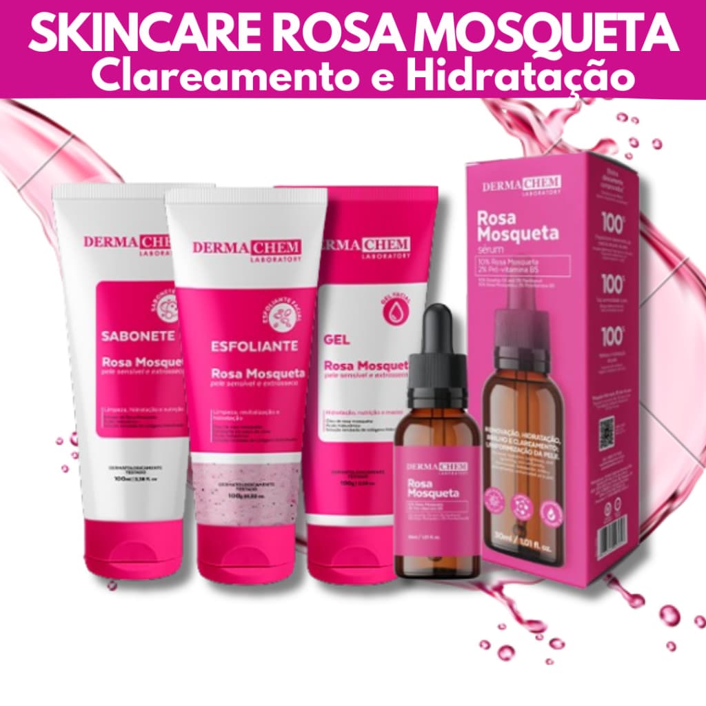 Kit Skincare Rosa Mosqueta Hidratante +Sérum Rosa Mosqueta Clareador 100% Eficacia-Dermachem 4 Itens