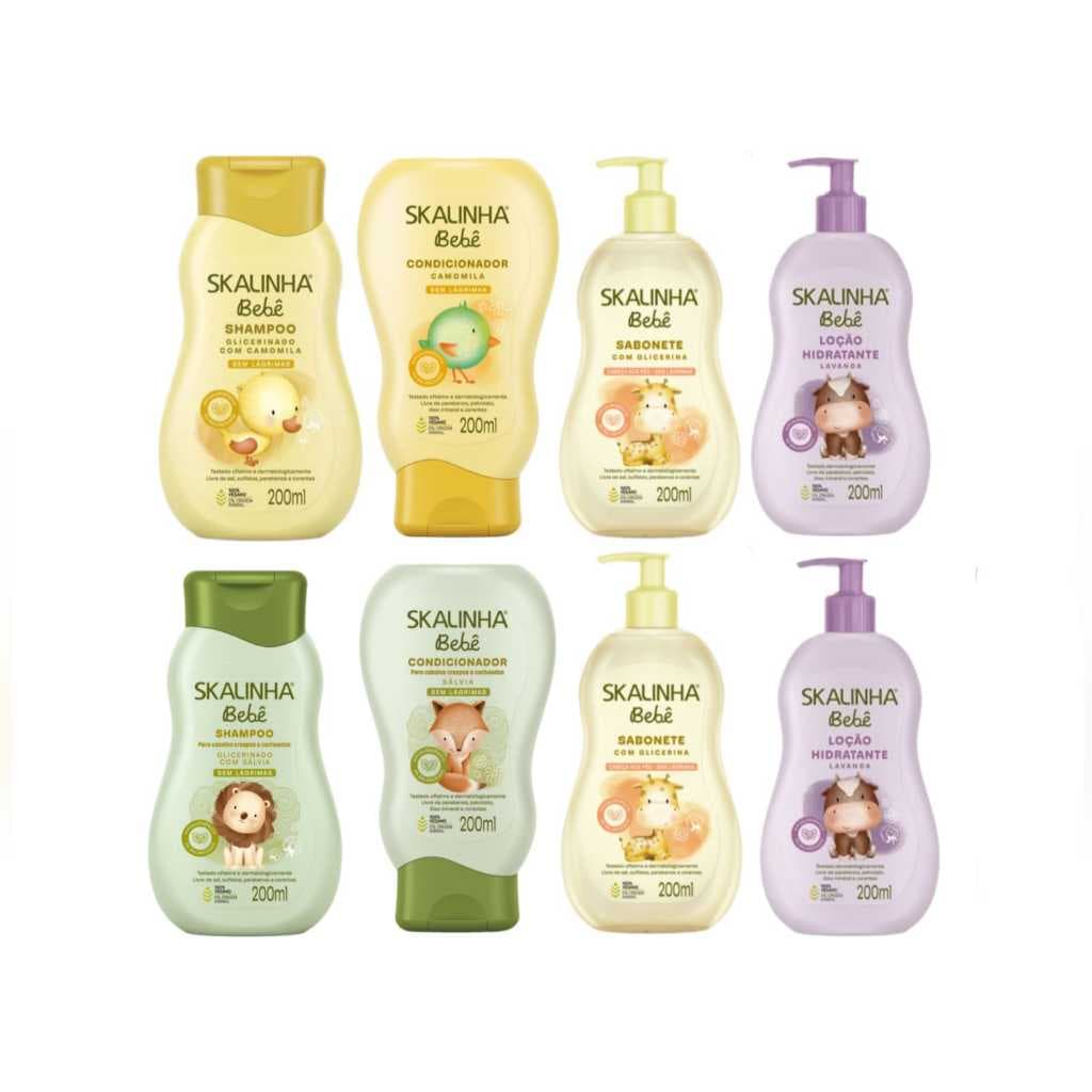 Kit Skalinha Bebe Cuidado Completo Camomila Salvia Shampoo Condicionador Sabonete Liquido Hidratante