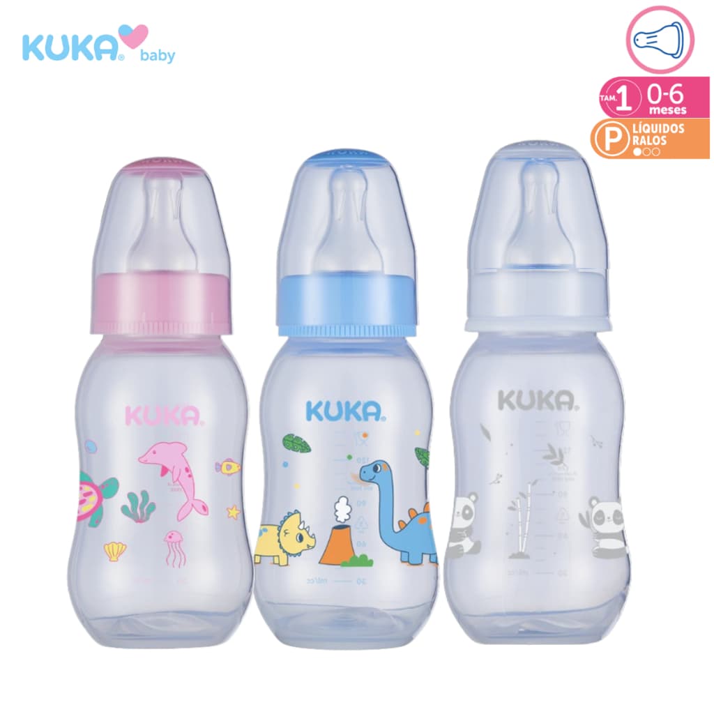 Mamadeira Chuquinha Kuka 160 mL com Válvula de Respiro Bico Redondo Tampa Protetora Antivazamento 0-6 Meses