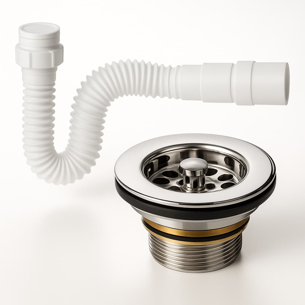 Kit Completo para Pia de Cozinha – Válvula Americana em Metal ABS + Sifão Sanfonado Universal