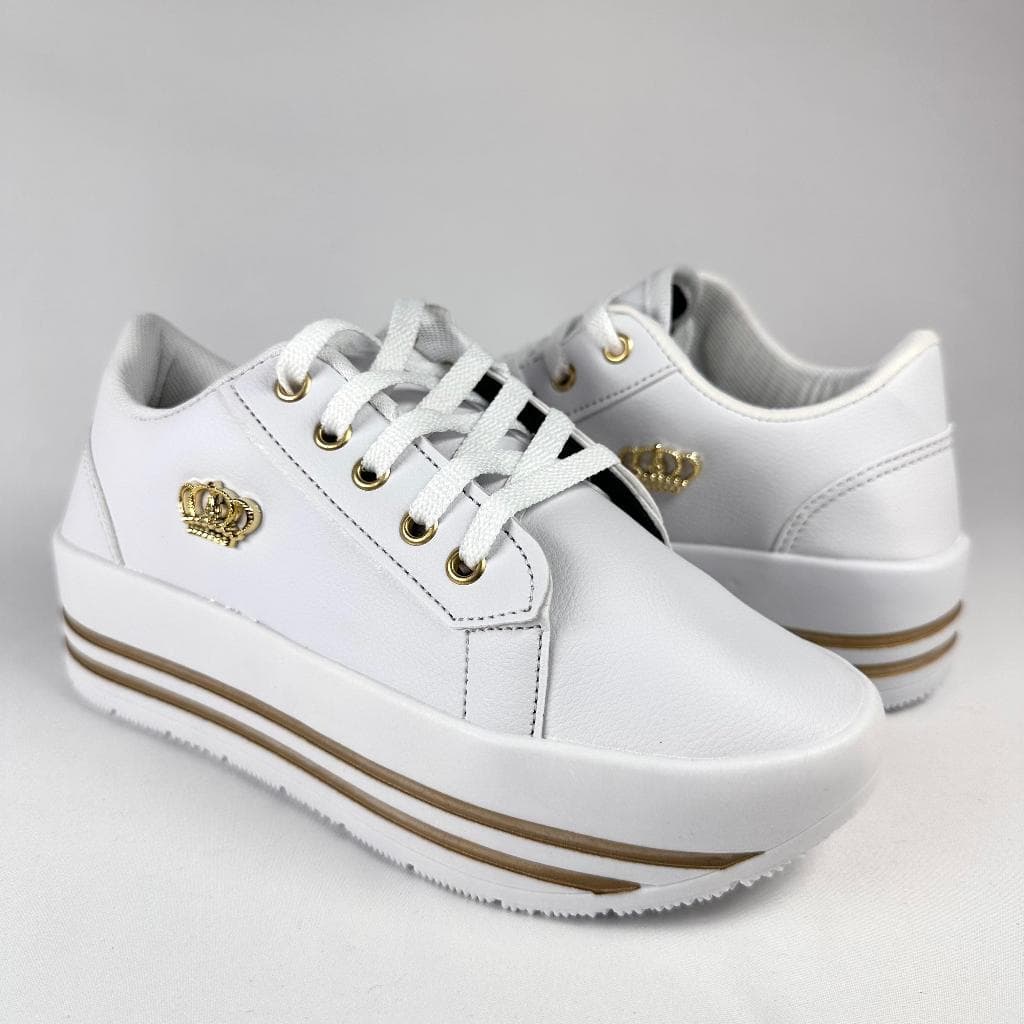 Tênis Feminino Plataforma Alto Branco Casual Coroa Confortável Macio Leve Cadarço Dia a dia Versátil Sapato Feminino