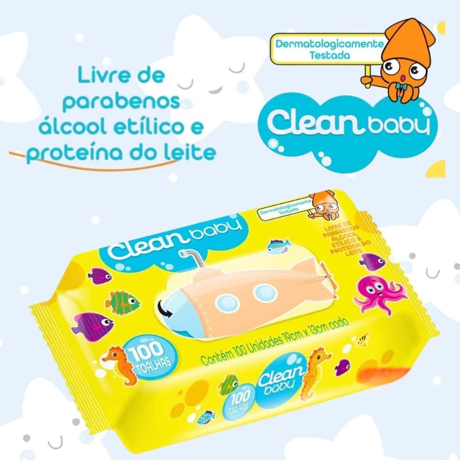 Lenços Umedecidos Clean Baby com 100 unidades toalhas umedecidas sem alcool higiene bebê