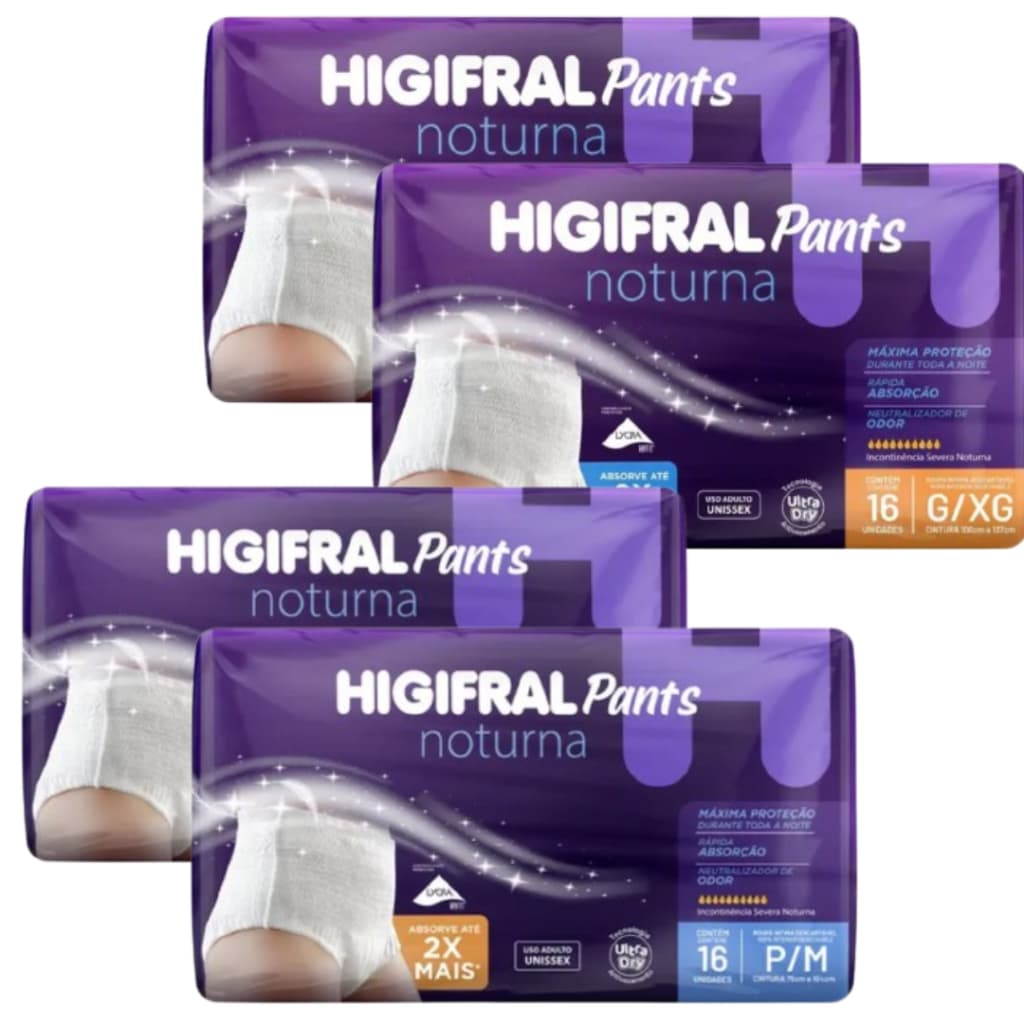 Fralda Geriátrica Kit com 2 Pacotes Higifral Pants Noturna - Todos os tamanhos - 32 Unidades