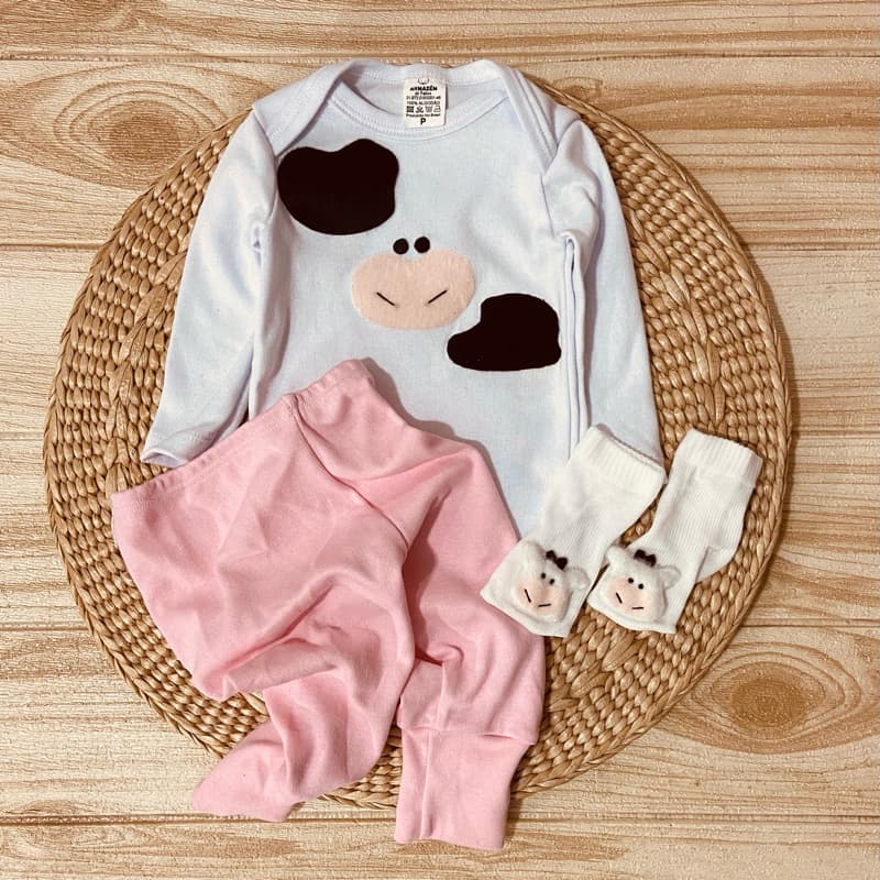 Conjunto Body Bodie Manga Longa Bebê Kit Body coração perola rosa menina enxoval Meia de Bichinhos