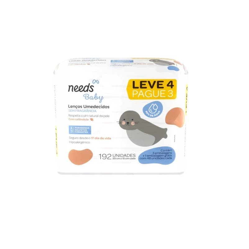 Kit leve 4 Pague 3 - Lenço Umedecido Needs Baby - Sem Perfume