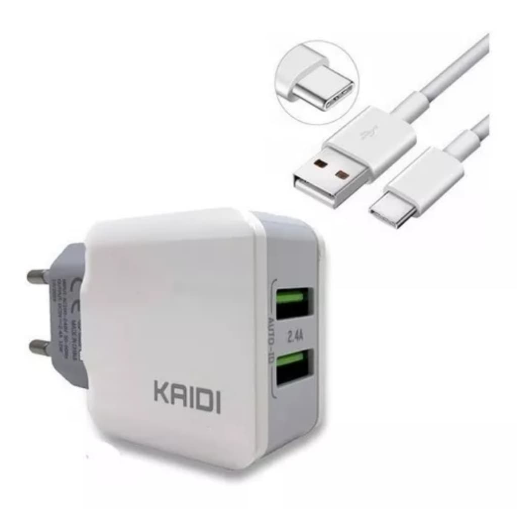 Carregador Kaidi Rápido Celular Smartphone 2 Usb Cabo Tipo C Cor Branco 12w