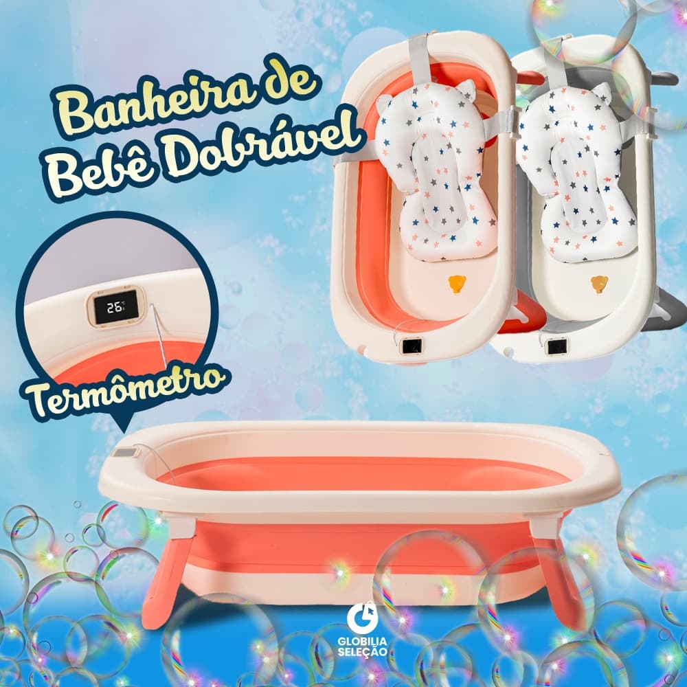 🔥Banheira para Bebê Dobrável Infantil Confortável Segura Com Termômetro Portátil Com Almofada De Banho